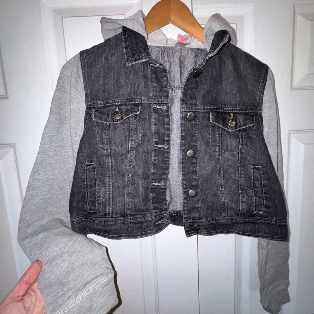 💥SALE💥Bongo Cropped Denim Hoodie Jacket Gray Black | Size L | Y2K Streetwear - Picture 4 of 5
